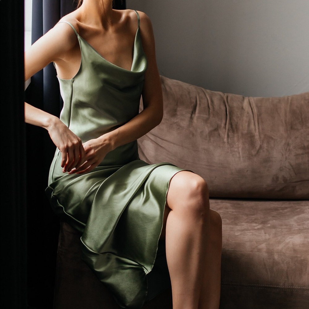 Sage green real silk midi dress